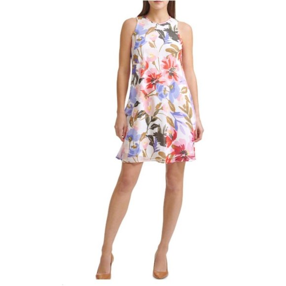 Calvin Klein Dress 10 Ivory Floral Flowy A Line Sleeveless Summer NEW - Picture 1 of 13